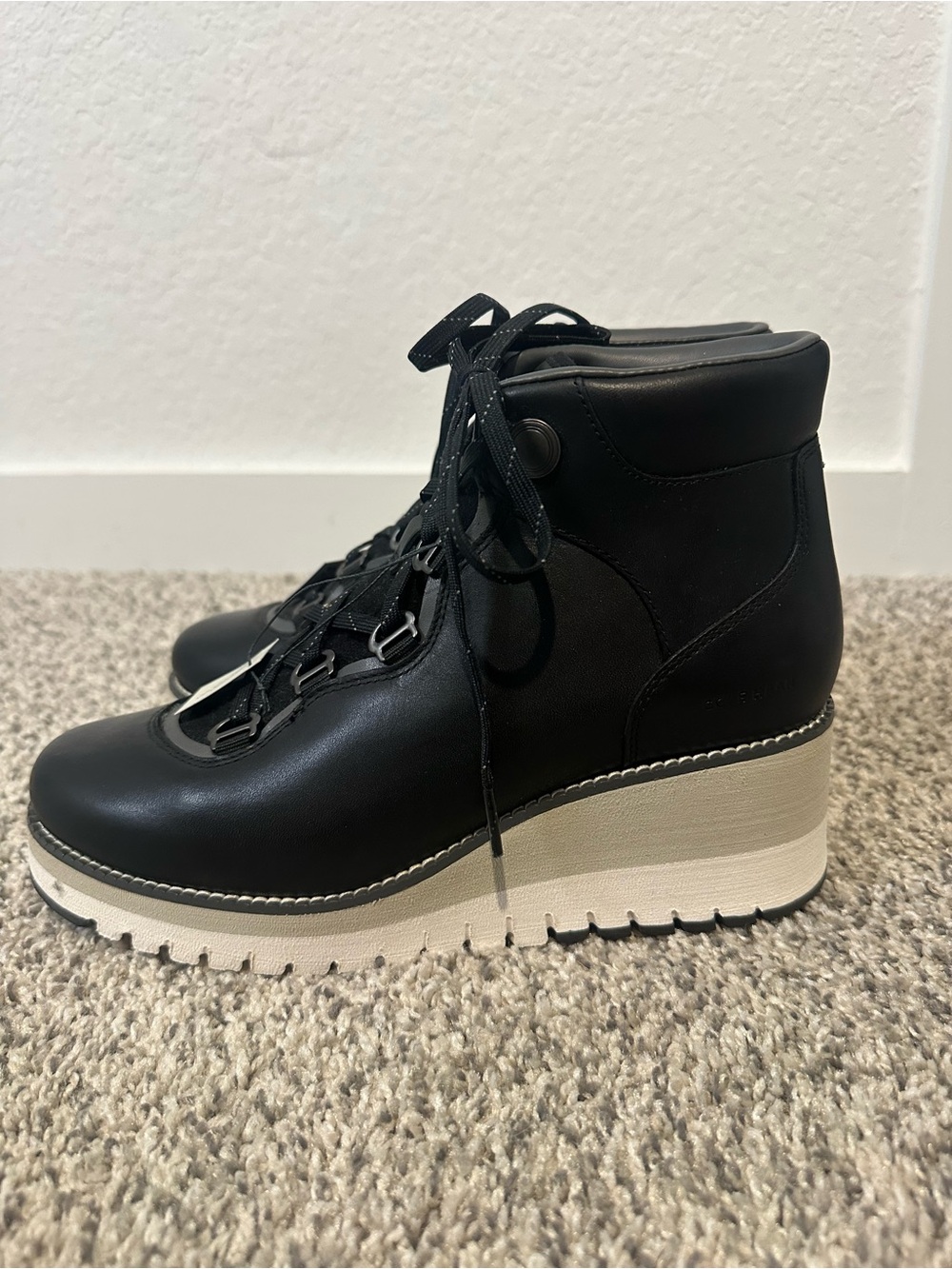 Cole Haan Black Lace-Up Wedge Ankle Boots